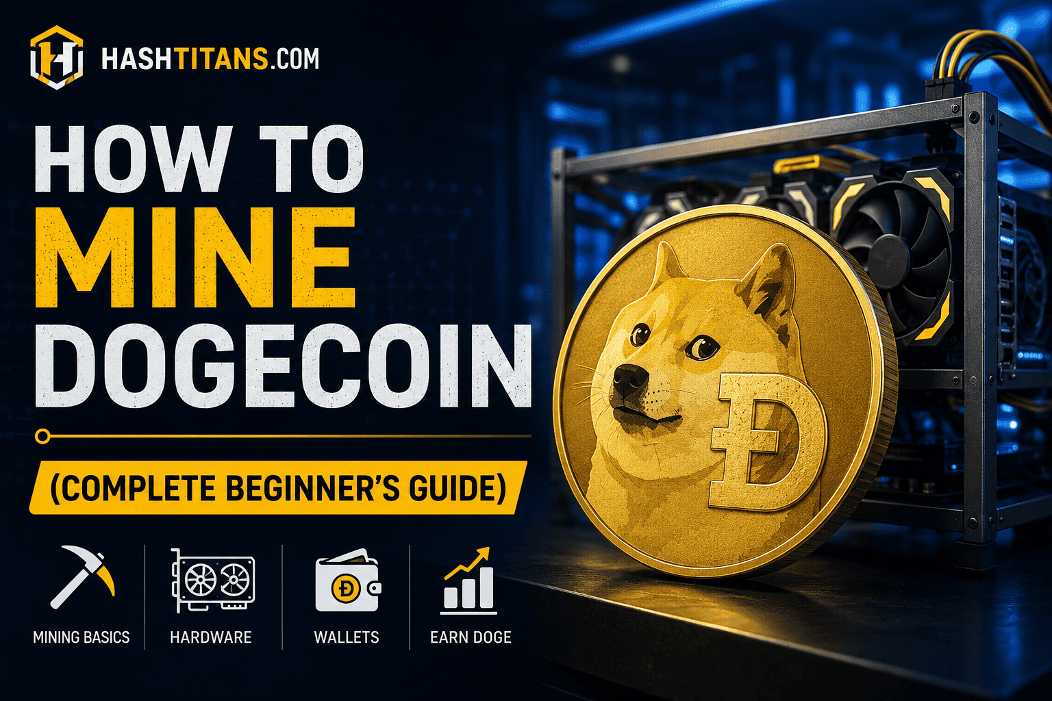 How to Mine Dogecoin – Beginner Mining Guide 2026 Dogecoin mining setup with ASIC miner and DOGE coin for beginner mining guide