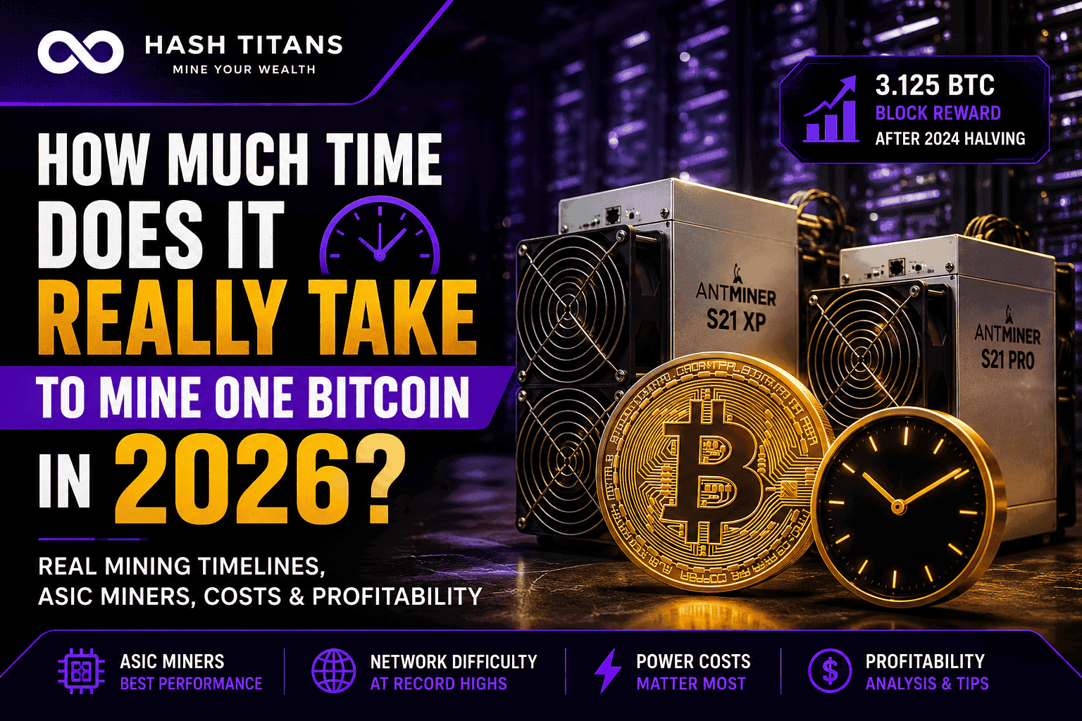 How much time does it really take to mine one Bitcoin in 2026 cover image featuring Hash Titans branding, Antminer ASIC miners, Bitcoin coin, mining timeline clock, and cryptocurrency profitability concepts.