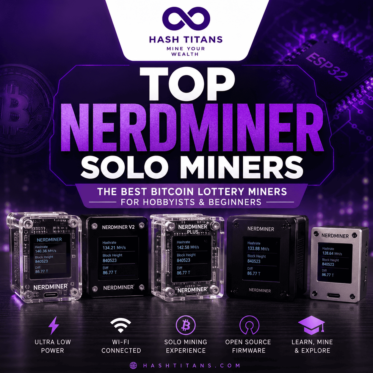 Top NerdMiner Solo Miners | Best Bitcoin Lottery Mining Devices – Hash Titans Top NerdMiner Solo Miners featuring the best ESP32 Bitcoin lottery mining devices for beginners and hobbyists by Hash Titans.