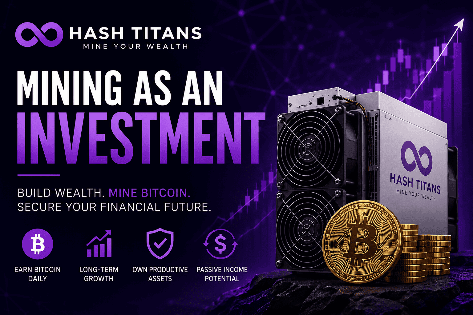 crypto Mining as an Investment cover showing a HashTitans ASIC Bitcoin miner for long-term cryptocurrency mining and passive income