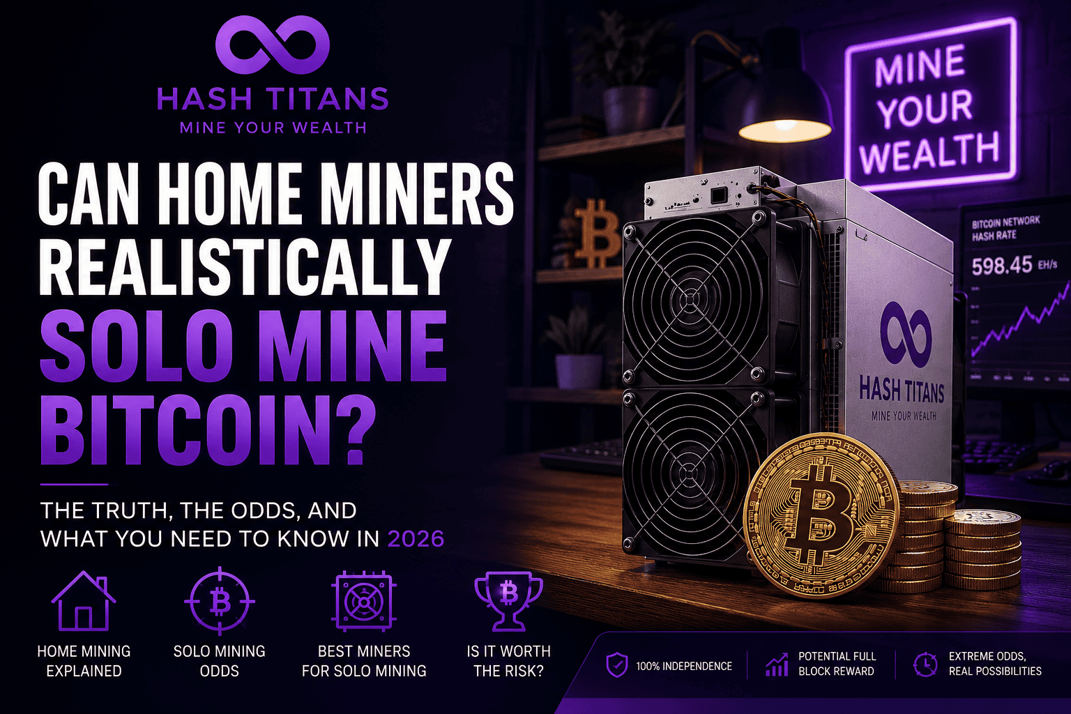Can Home Miners Realistically Solo Mine Bitcoin? | HashTitans Guide Can Home Miners Realistically Solo Mine Bitcoin cover featuring a HashTitans ASIC Bitcoin miner, Bitcoin coins, and home cryptocurrency mining setup